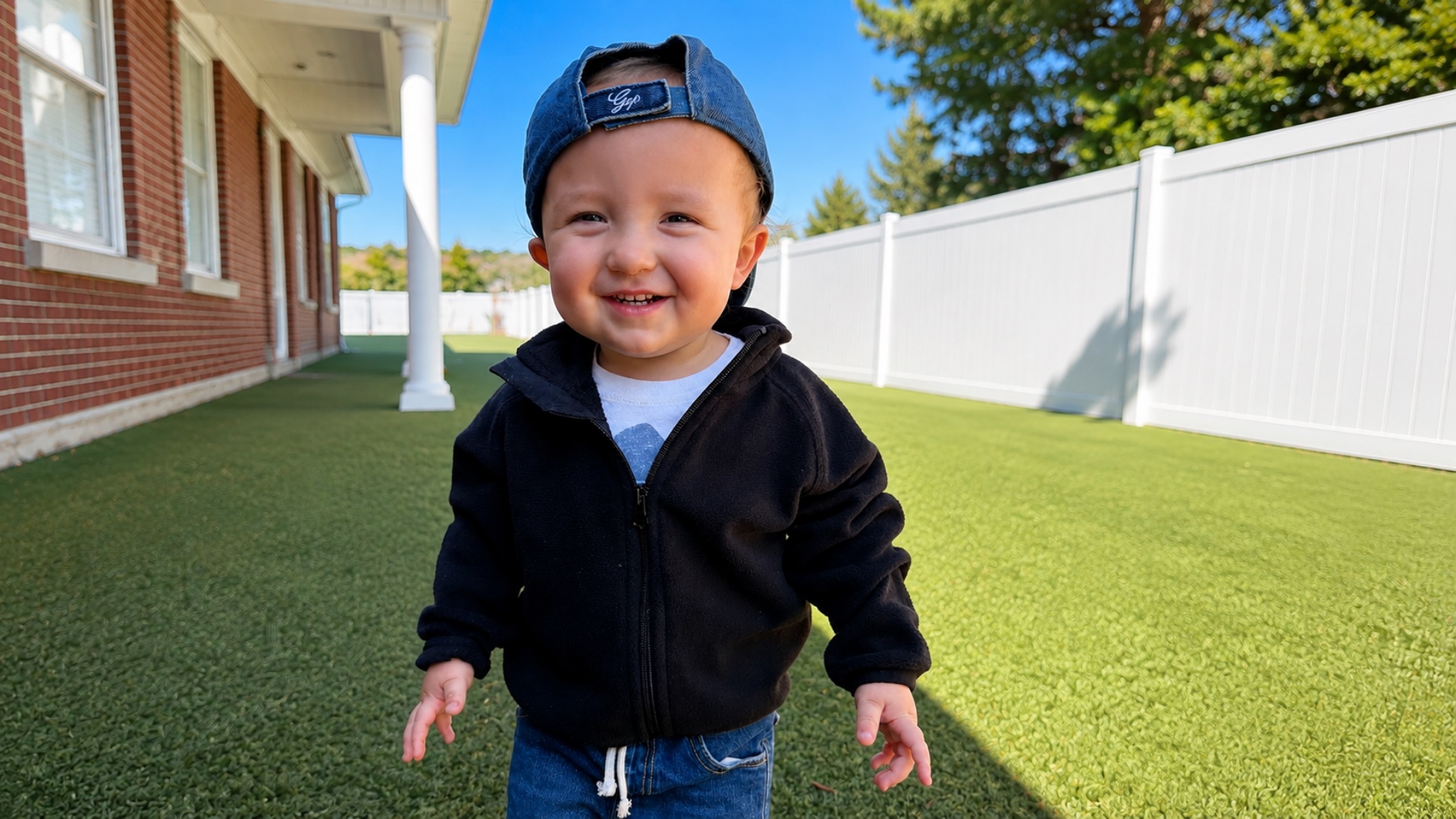 A grinning toddler in a denim ball cap and black fleece jacket walking on the sunny turf playground