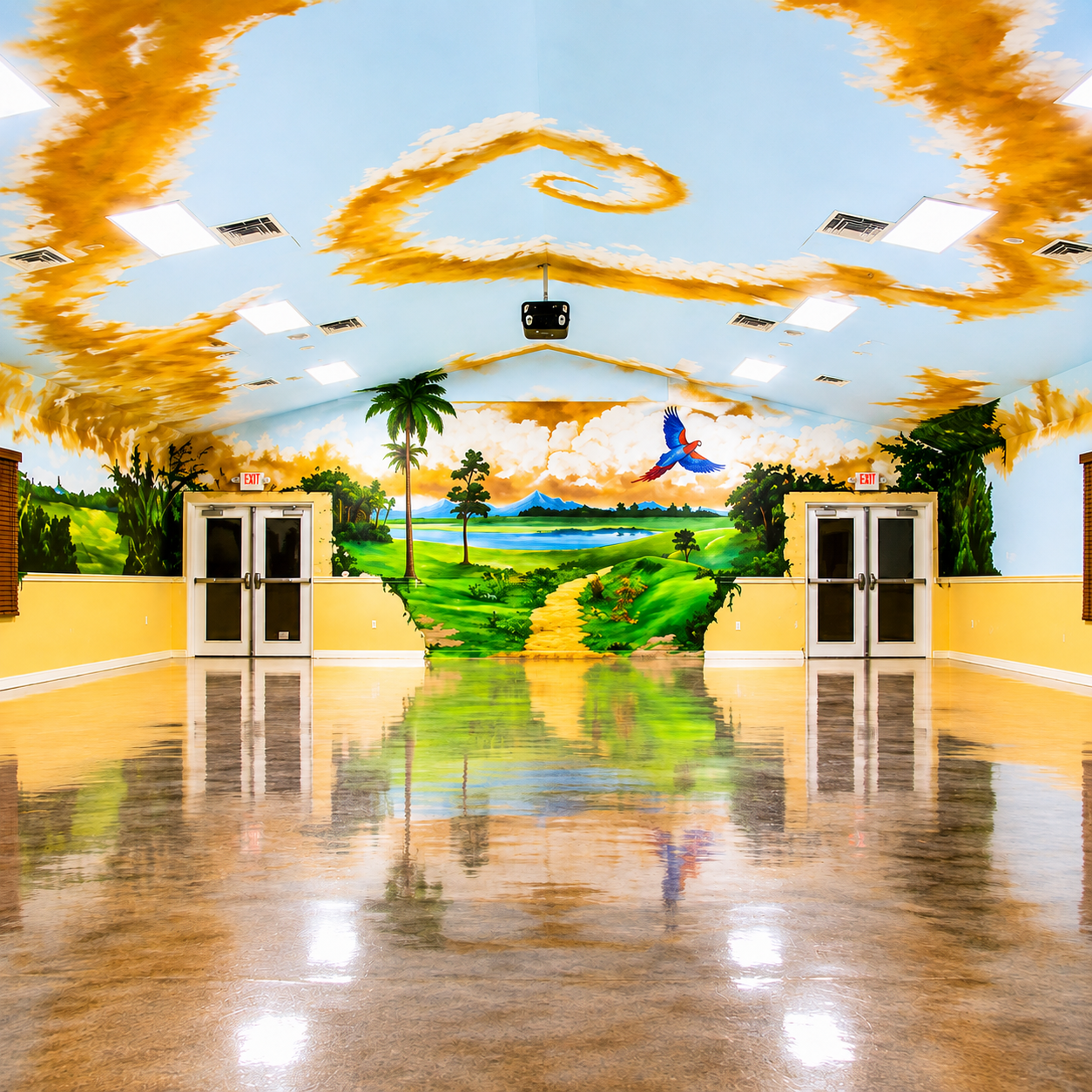 Bright gymnasium with a hand-painted tropical mural of palm trees, green hills, a winding path, and a colorful parrot soaring across the ceiling