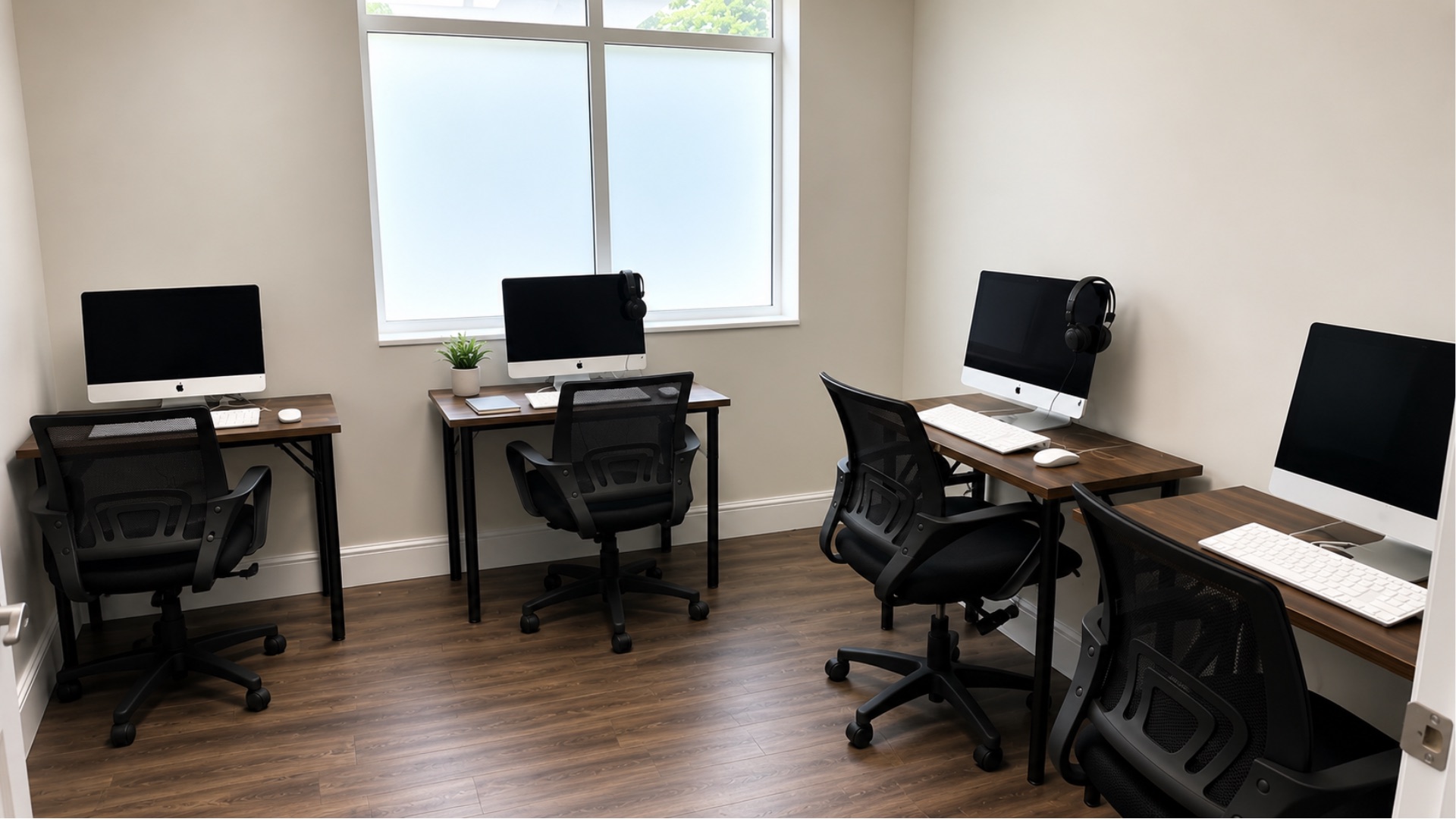 Training lab computer room with four iMac workstations on wooden desks, black office chairs and headphones beside a bright frosted window